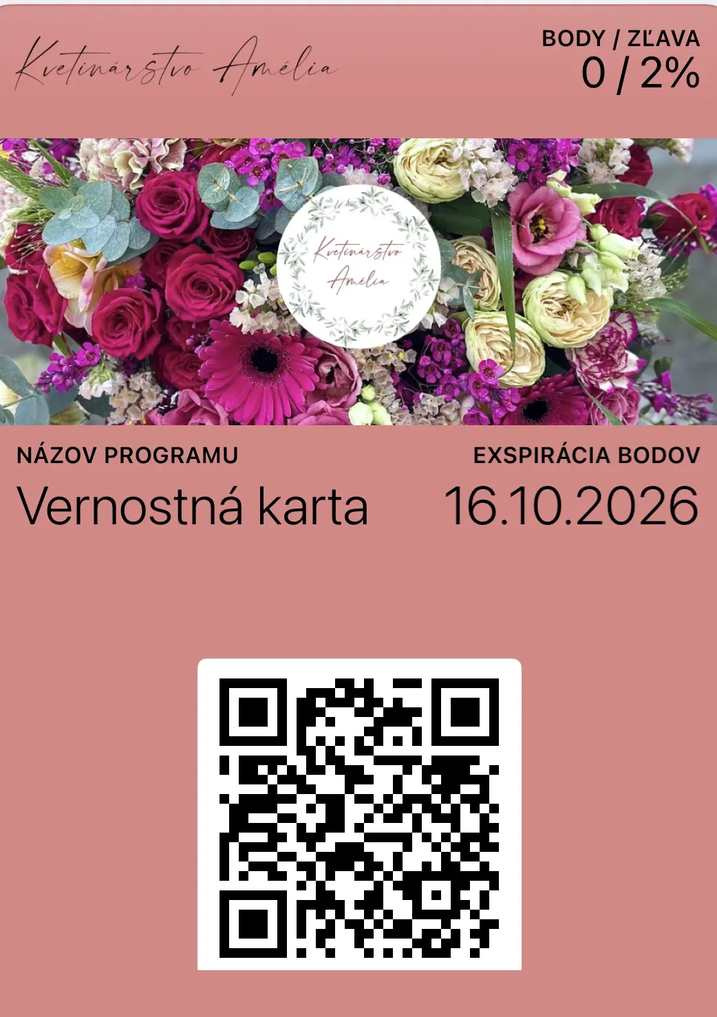 Vernostná karta Kvetinárstvo Amelia v Apple Wallet