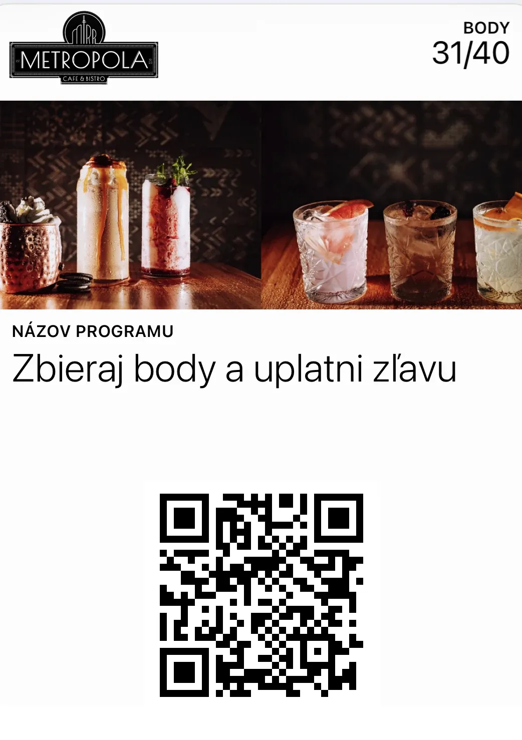 Vernostná karta Metropola Cafe s bodovým programom v Apple Wallet